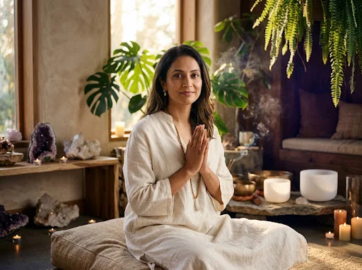 Shraddha Korgaonkar seated with her hands in namaste.