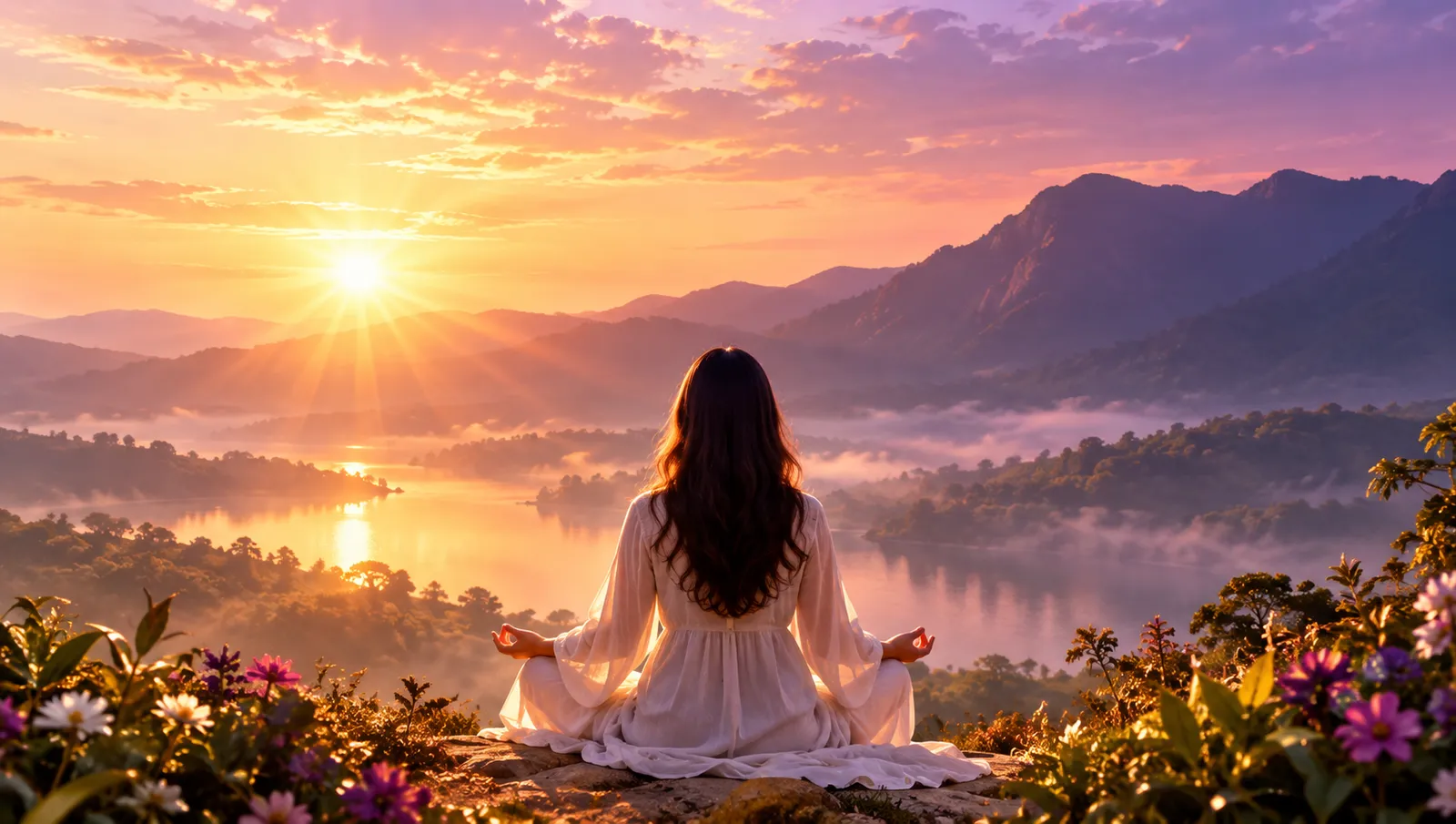 Shraddha meditating at sunrise over mountain mist.