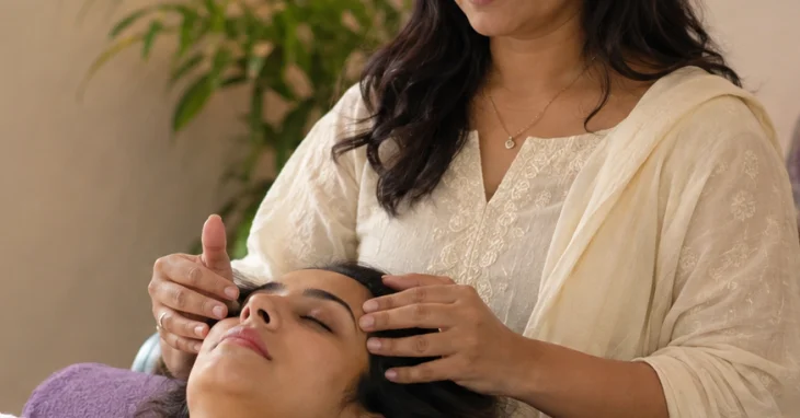 A practitioner gently touching points on the head of a reclining client.