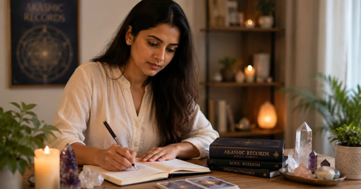 A woman writing in a journal beside Akashic Records books and crystals.
