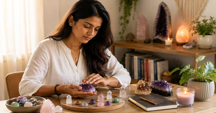 A practitioner working with crystals arranged on a table.