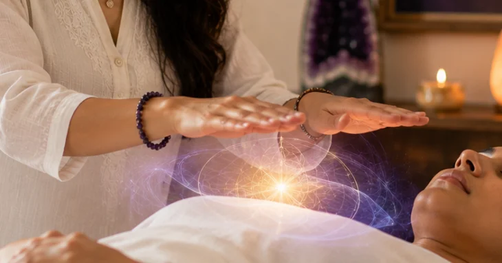 A practitioner holding her hands above a client with a glowing energy effect.