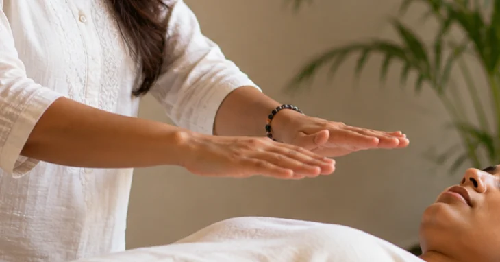 A Reiki practitioner holding her hands above a reclining client.