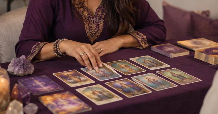 A reader arranging Tarot and Angel Cards on a table.