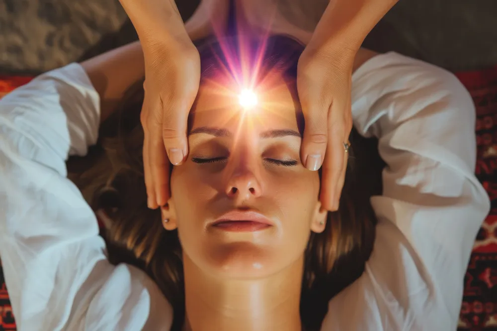 Hands resting on a woman’s head with light radiating from the forehead.